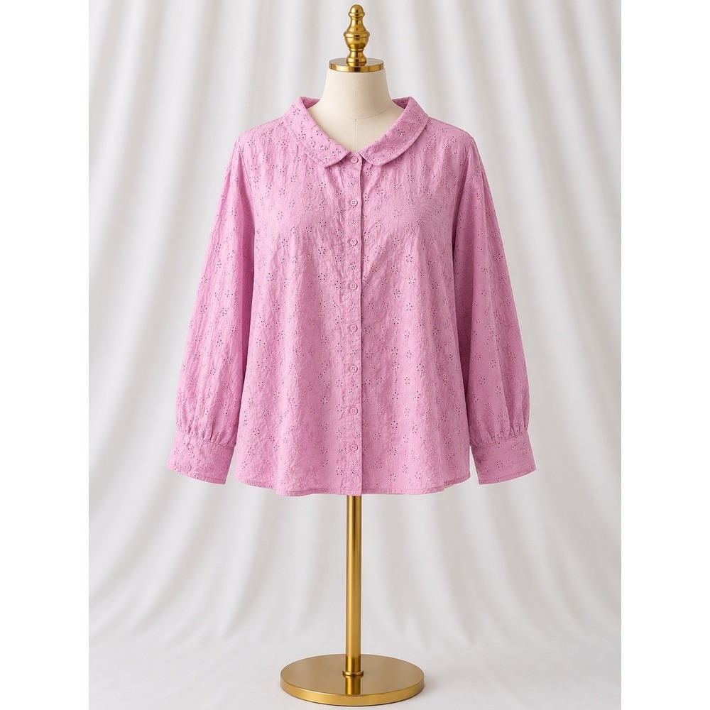 Candace Cameron‎ Bure Button Front Eyelet Shirt 3X Purple Cotton Long Sleeve